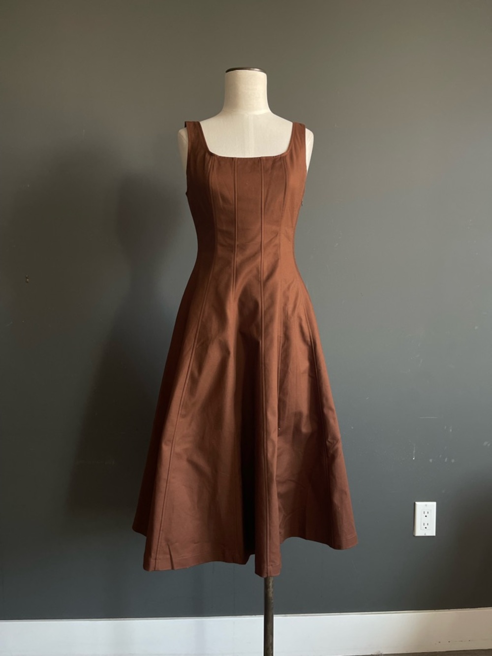 Chocolate Brown Fit & Flare Midi Dress Cotton Sateen Minimalist Chic Capsule
